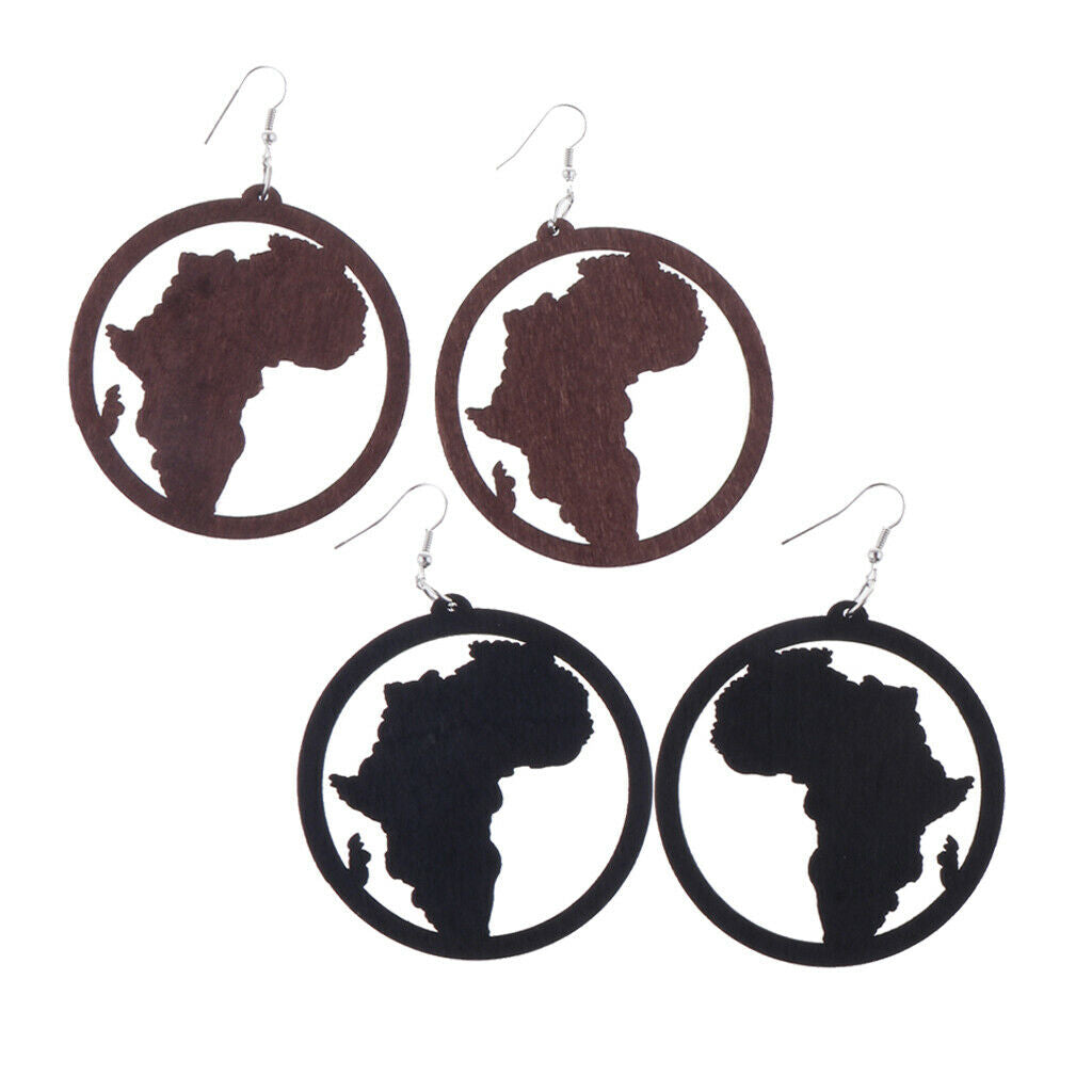 2 Pair Exaggerate Geometric African Map Wooden Drop Dangle Hook Earrings Set
