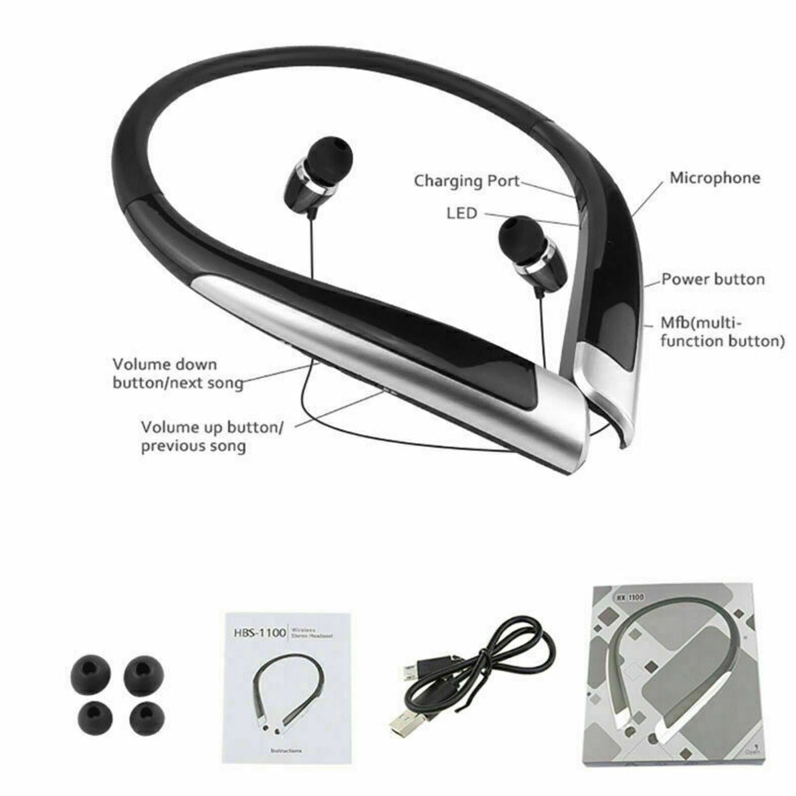HBS-1100 Neckband Stereo Wireless Bluetooth Headphone Headset Noise Canceling