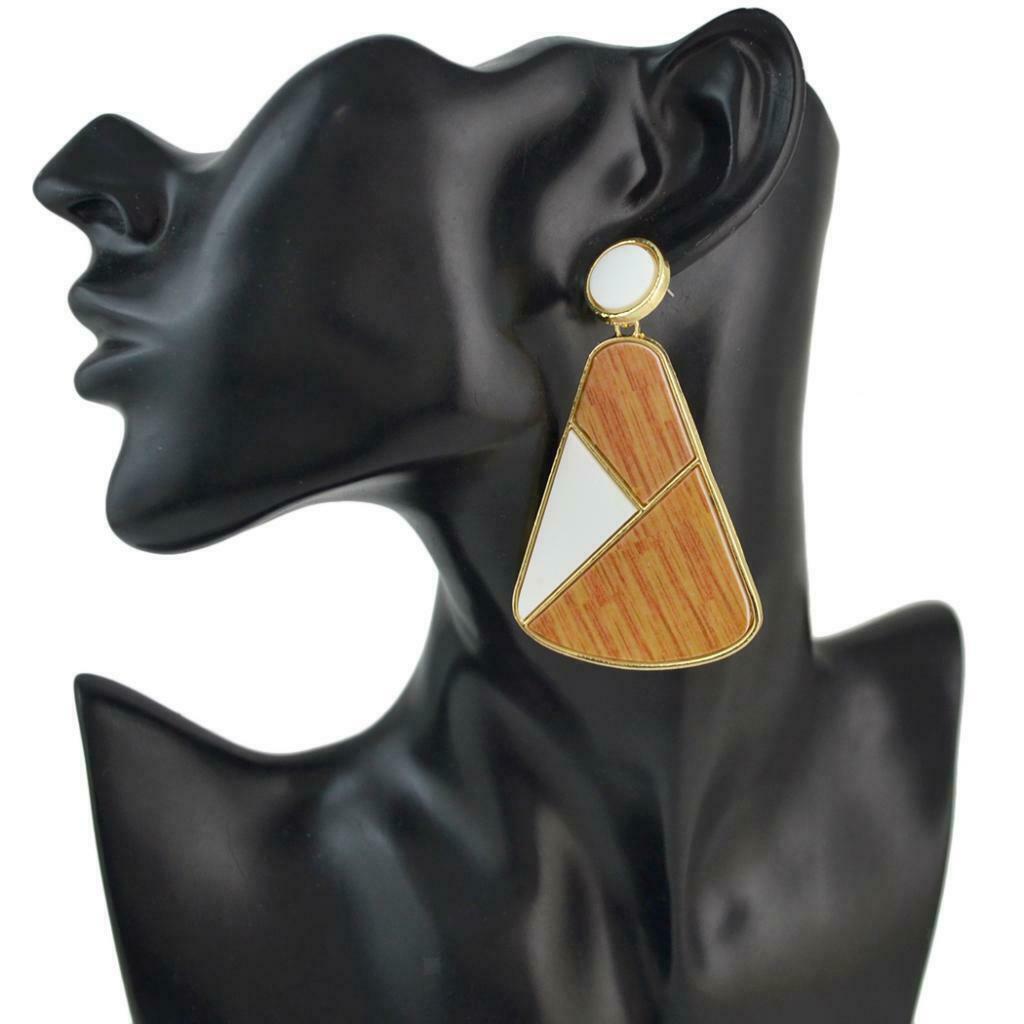 Geometric Wood Block Dangle Exclamatory Earrings Boho Ethnic Jewelry White