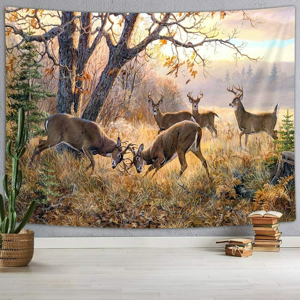 Animal Deer Tapestry, Wildlife Theme Elk Herd in Fall Forest Tapestry 4.5x1.6m