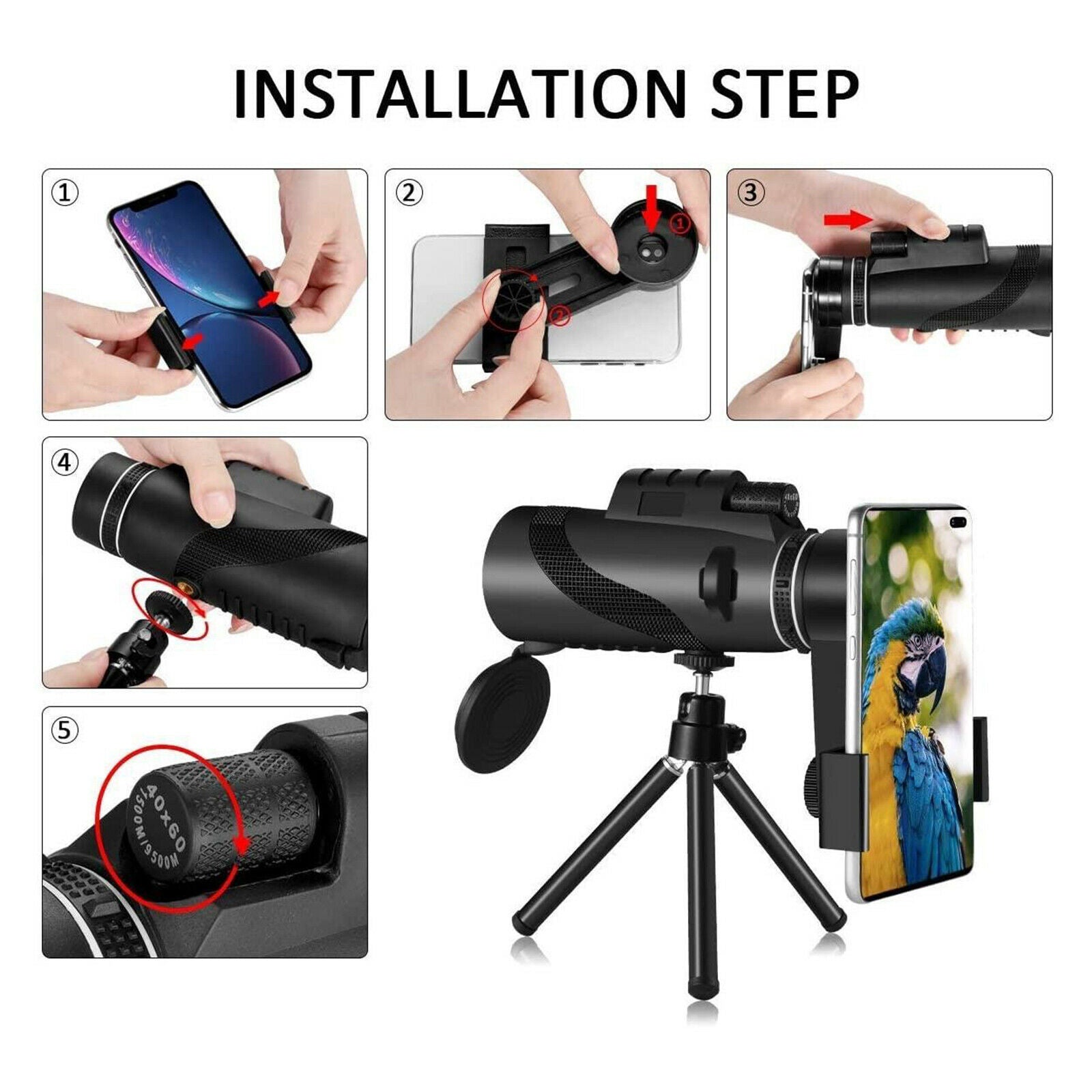 Bird Watching Monoculars Telescope 40x60 HD with Tripod Adapter Low Light