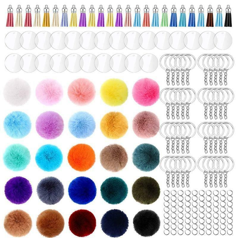 1 Set Acrylic Keychain Blanks with Key Rings Round Clear Discs Circles Tassel