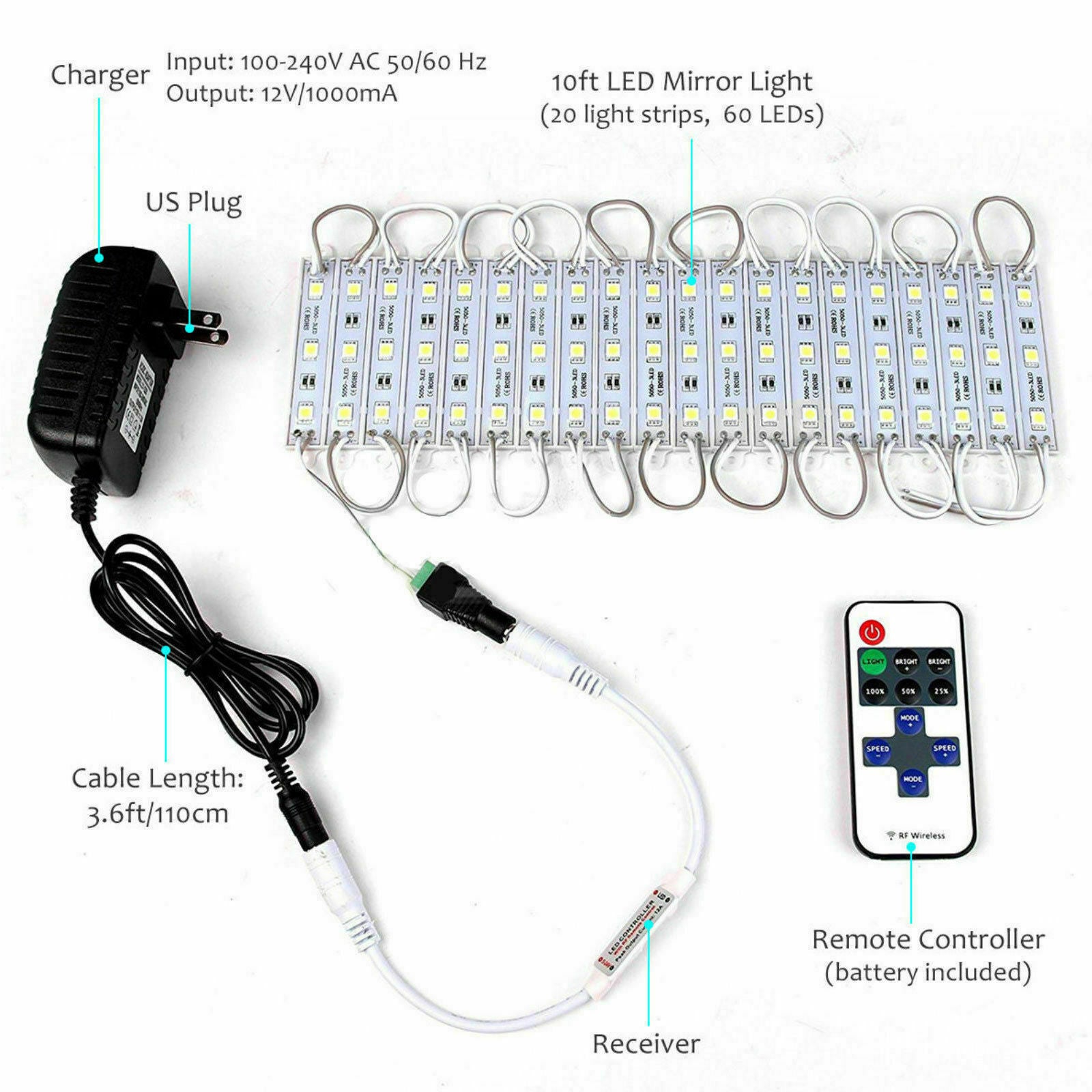 10FT White Dressing Mirror Lighted Cosmetic Makeup Vanity LED Light Remote Power