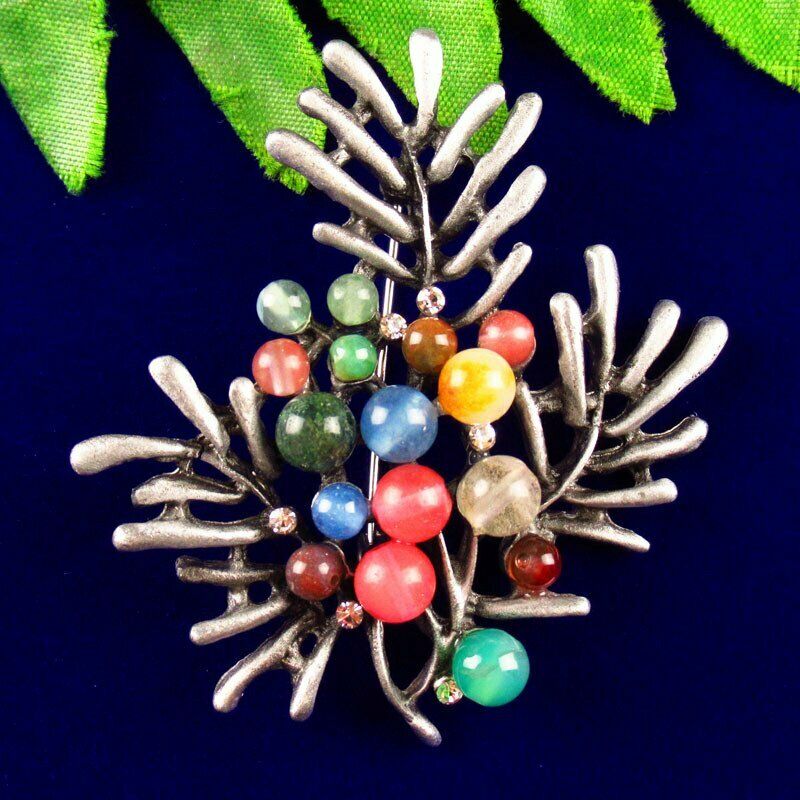 Natural Mixed Gem Beads Rhinestone Alloy Enamel Dendritic Pendant Brooch BL16