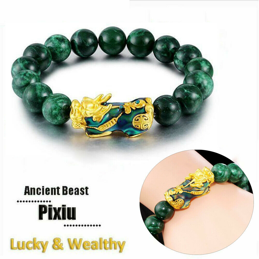 Natural Green Jade  Beads Wealth Golden Feng Shui Pixiu Bracelet 10mm Gift