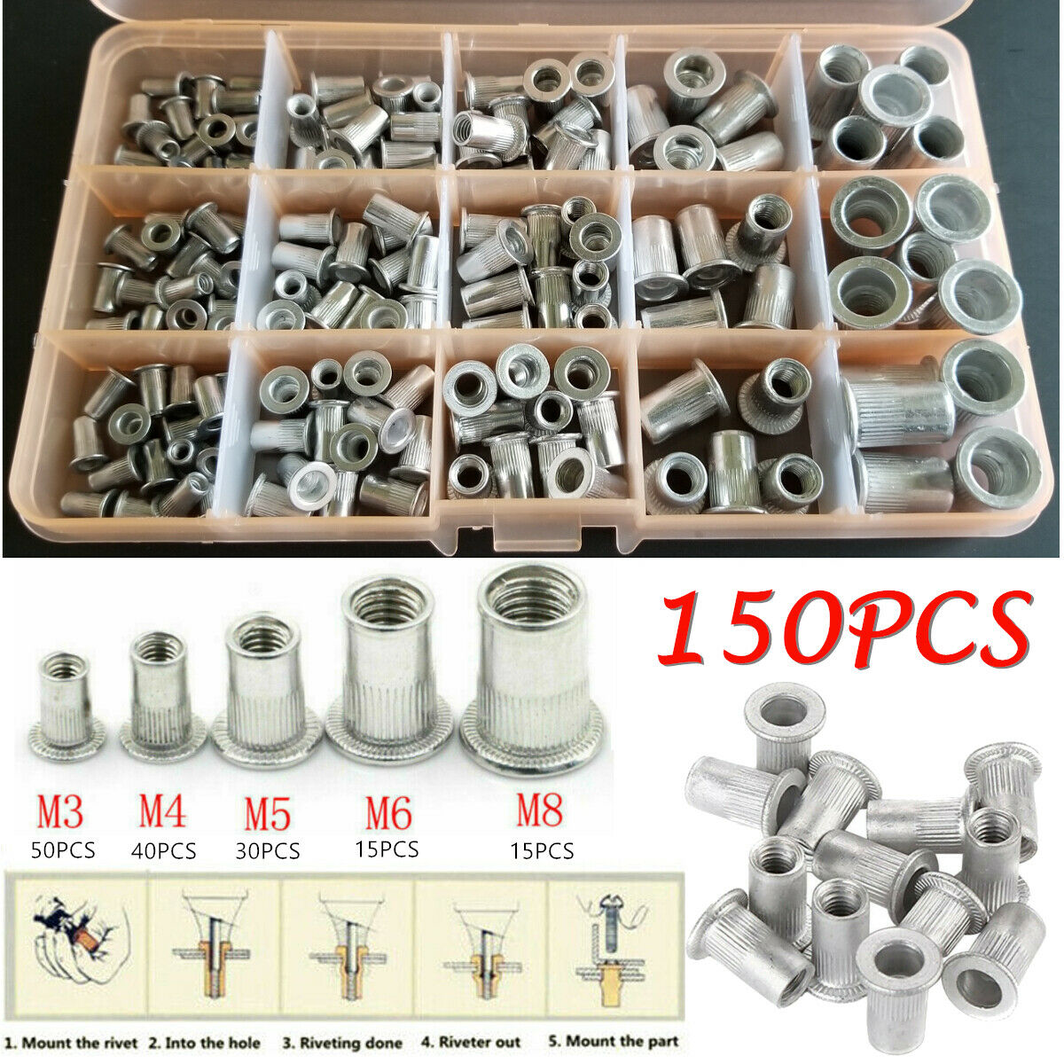 150Pcs Flat Head Vertical Grain Aluminum Rivet Nuts Cylindrical Hollow Rivet Nut
