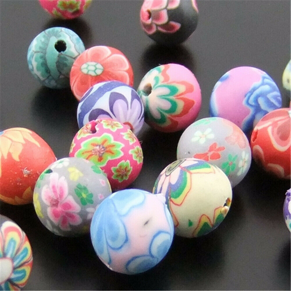 Random 80 pcs Round 8mm Floral Polymer Clay Craft Beads DIY Jewelry Findings