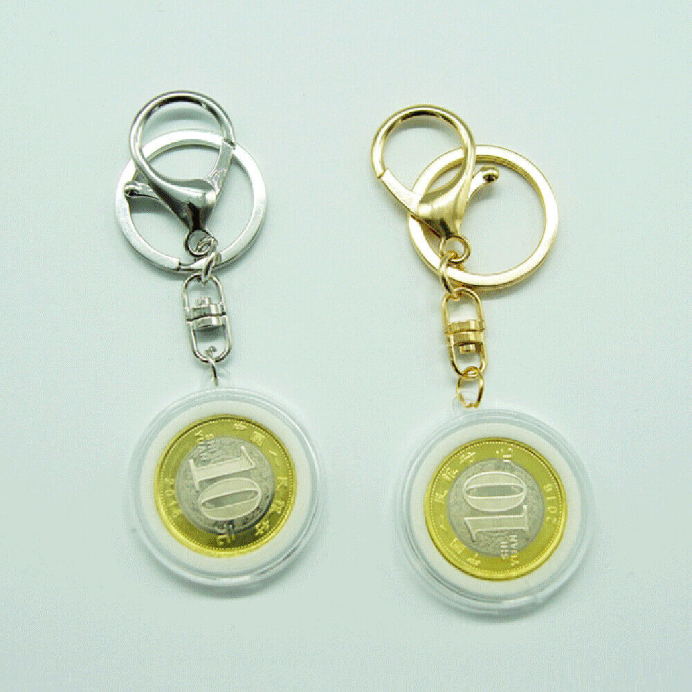 Coins Holder Keychain Round Capsule Storage Box Commemorative Case Key Ring Acc