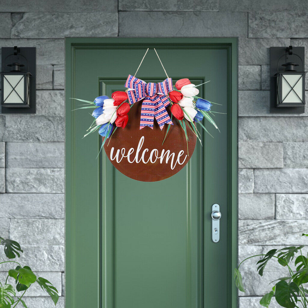 Welcome Round Hanging Wood Sign and Bow Farmhouse Window Home Ornaments