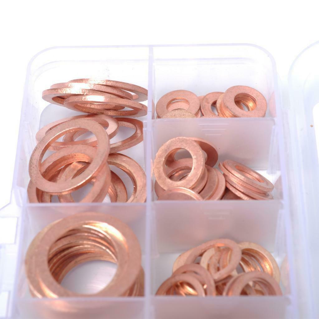 120Pcs 8 Sizes Assorted Solid Copper Crush Washers Seal Flat Ring with Case