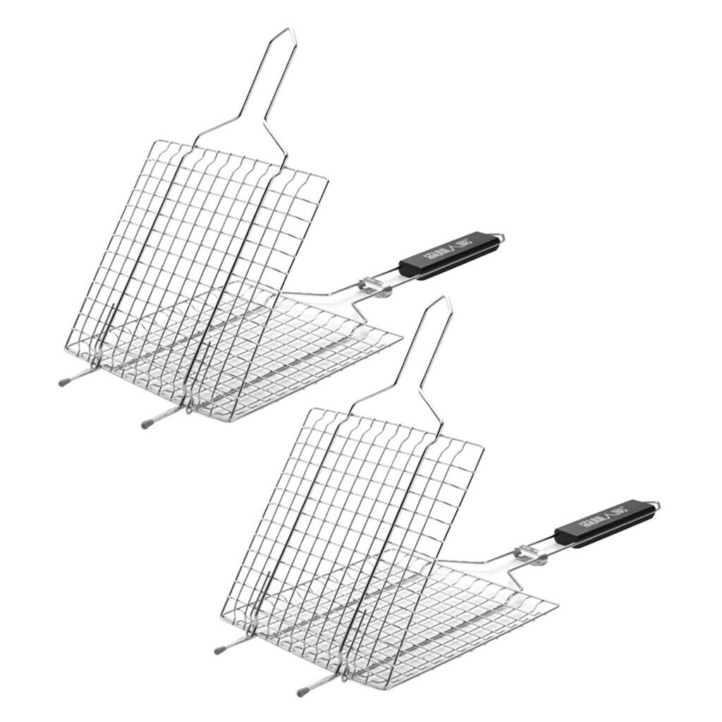 2pcs Outdoor BBQ Meat Grill Basket Clip Barbeque Stainless Steel Wire Tray Net