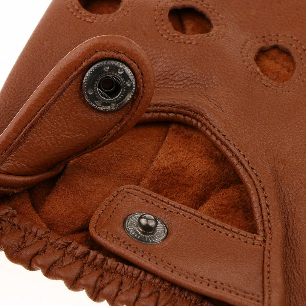 Retro PU Leather Men Fingerless Driving - Brown Button, L