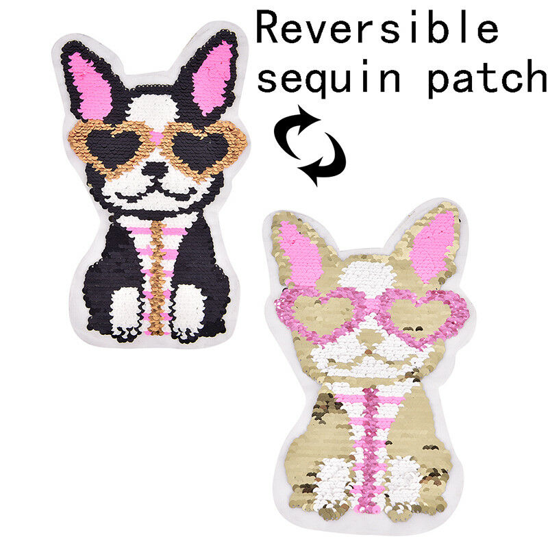 dog wearing heart glasses reversible change color sequins sew on patche.l8
