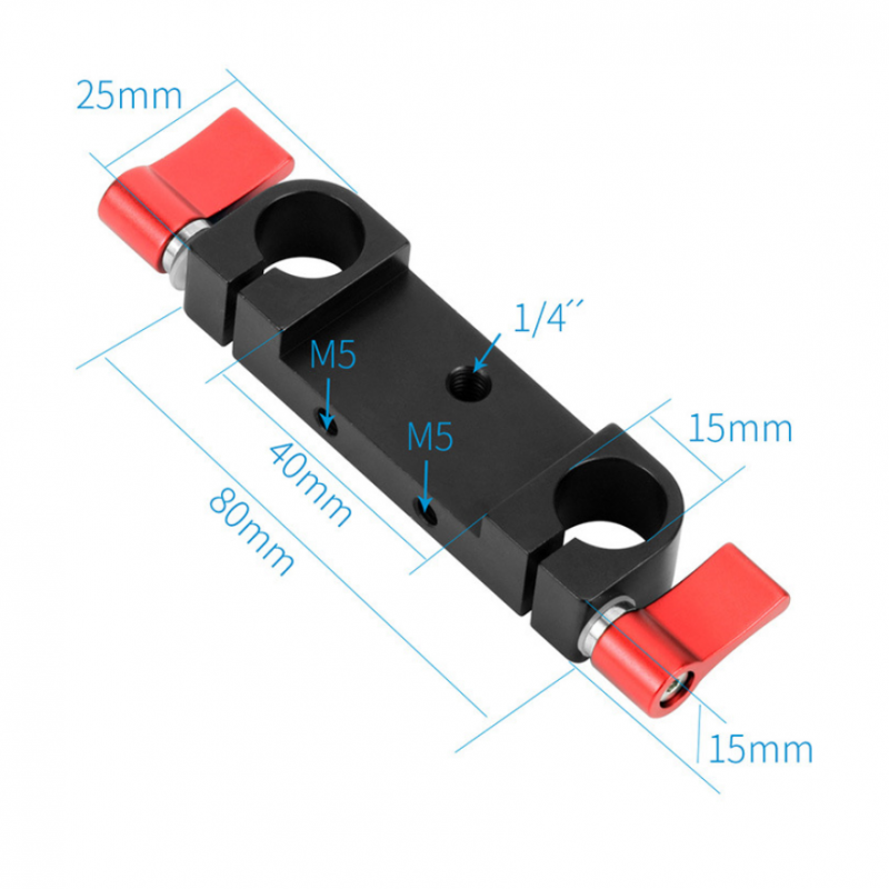 Aluminum Alloy 15mm Double Rod Clamp with 1/4 inch and M5 Female Screw Holes for