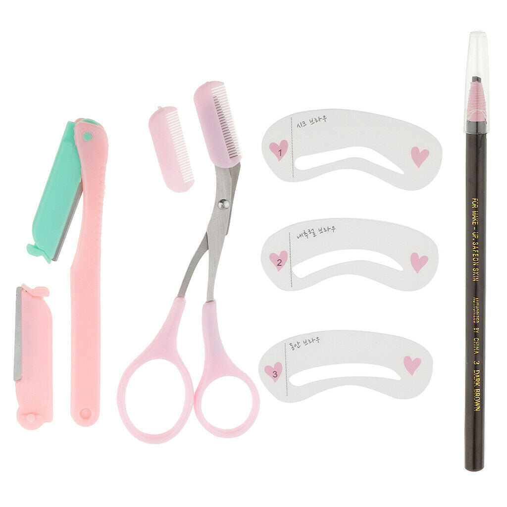 Makeup Eyebrow Set Pencil Scissor Shaver Trimmer Brow Shaper Stencils Kit 3#