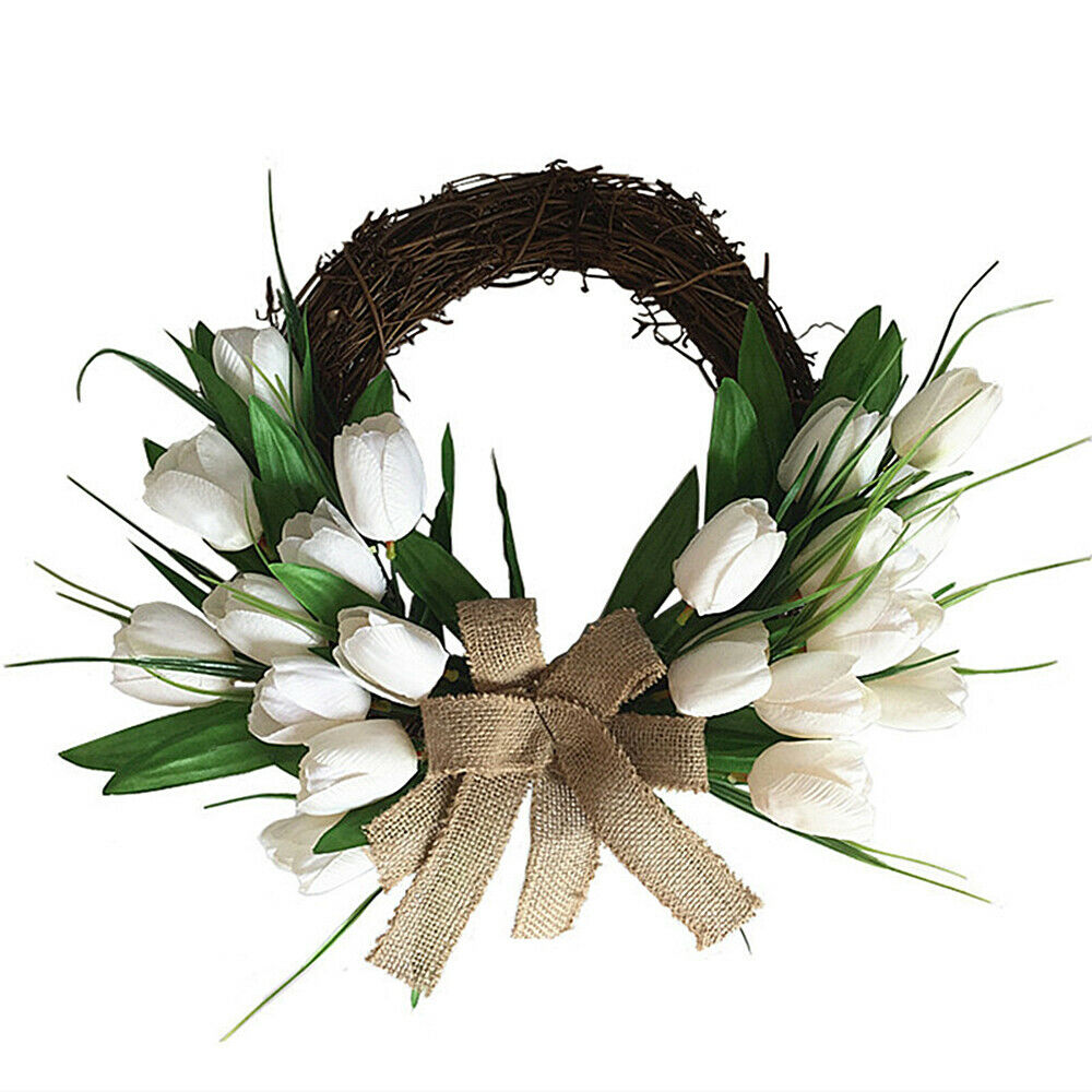 Artificial Wreath White Tulip Garland Rattan Flower Wedding Home Wall Decor DIY