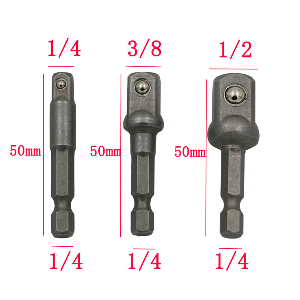 3pcs Chrome Vanadium Steel Socket Adapter Set Hex Shank to 1/4" 3/8" 1/2.l8