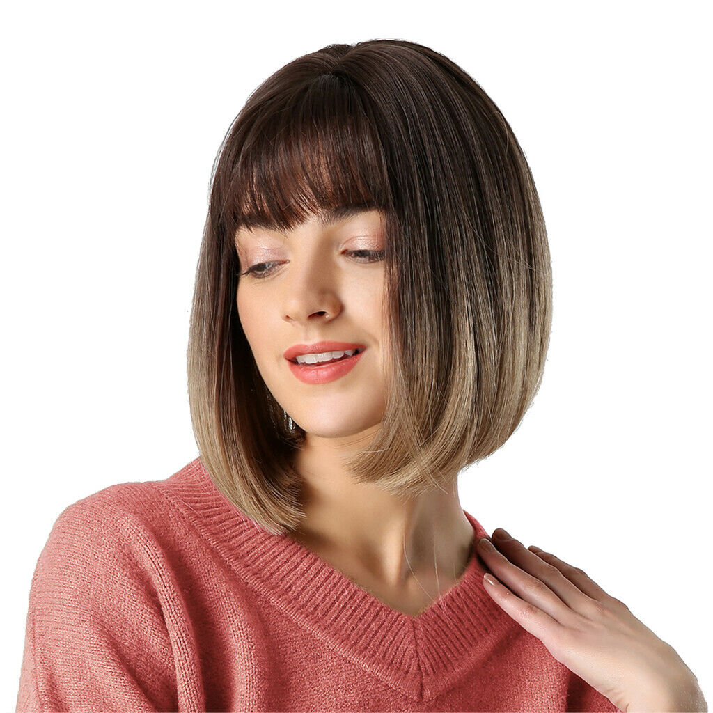 11inch Short Bob Synthetic Wig with Flat Bangs Heat Resistant Black to Brown