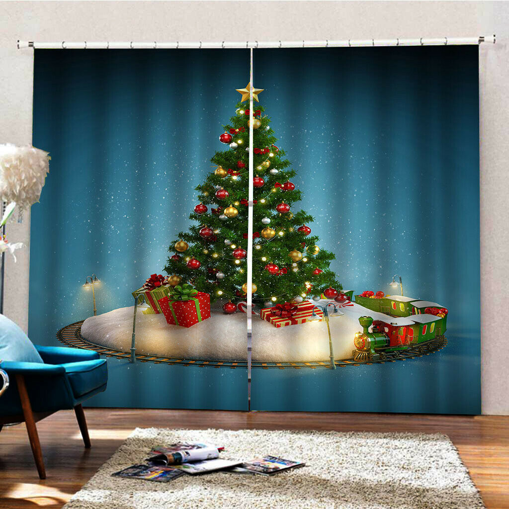 Christmas Curtains, Merry Xmas Themed Christmas Tree and Lights, Living Room