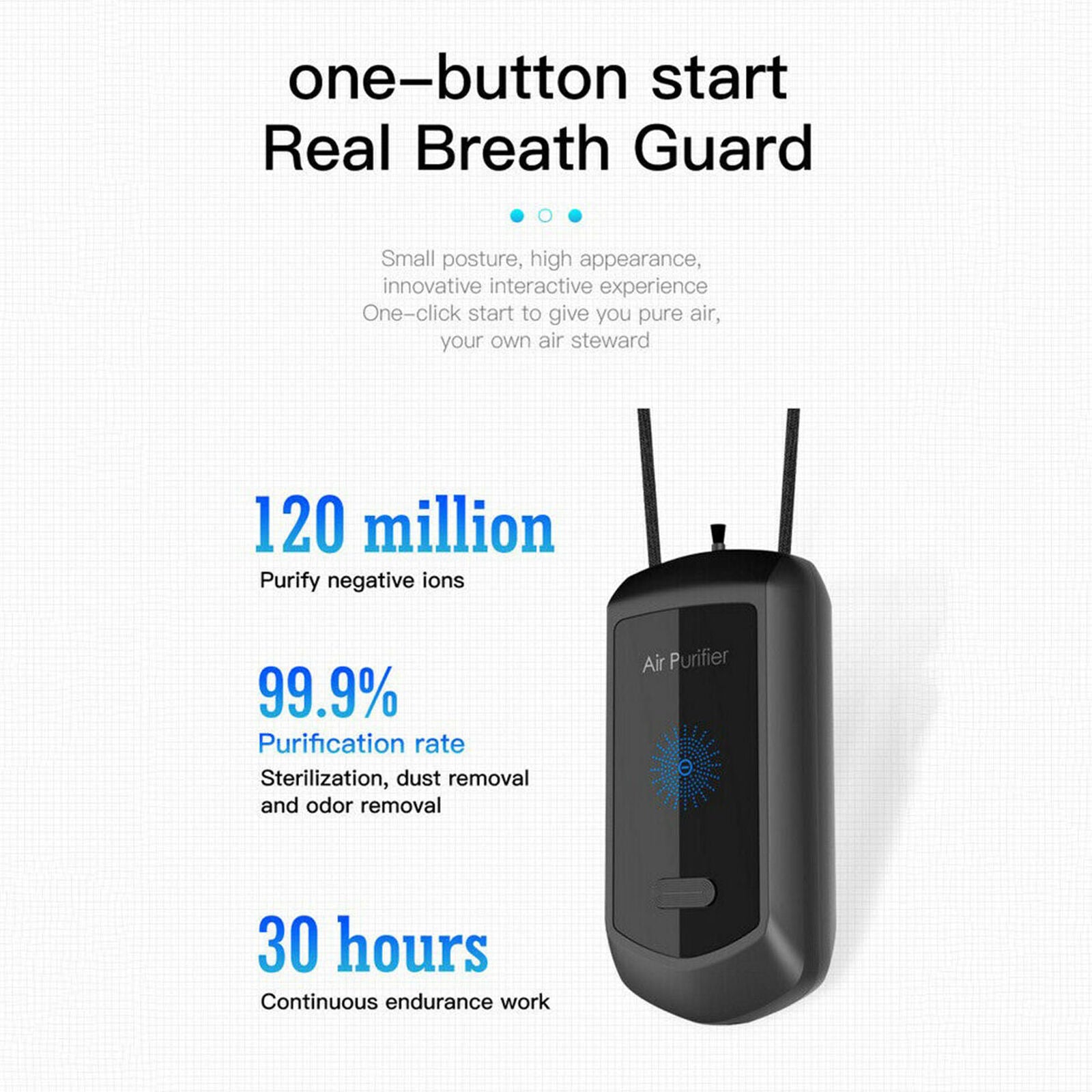 Personal Air Purifier Wearable Necklace Portable Freshener Remove Black