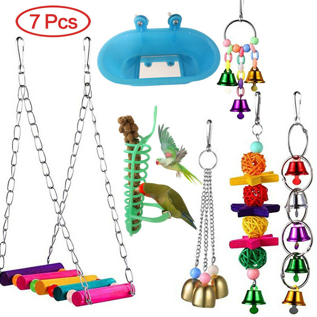 7 Pieces Bird Parrot Chewing Bell Toys Set Cockatiel Budgie Multicolor