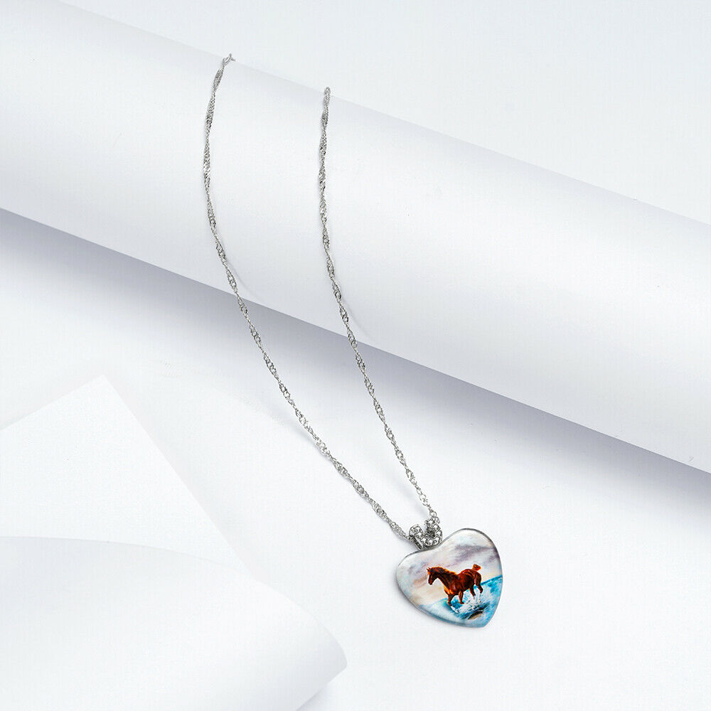 Women Peach Heart Animal Pendant Necklace Horse Natural Crystal Jewelry Gift