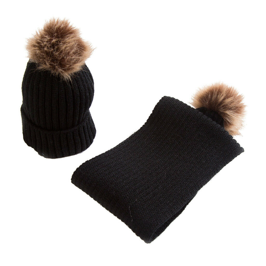 Toddler Kids Baby Winter Warm Pom Bobble Hat Knit Beanie   Scarf Set Black