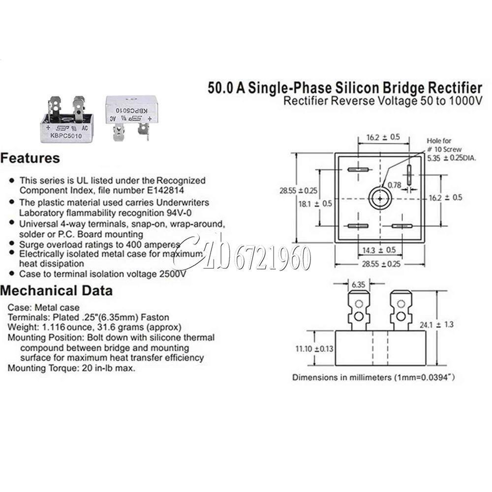 2Pcs 50A 1000V Metal Case Single Phases Diode Bridge Rectifier KBPC5010 CZB