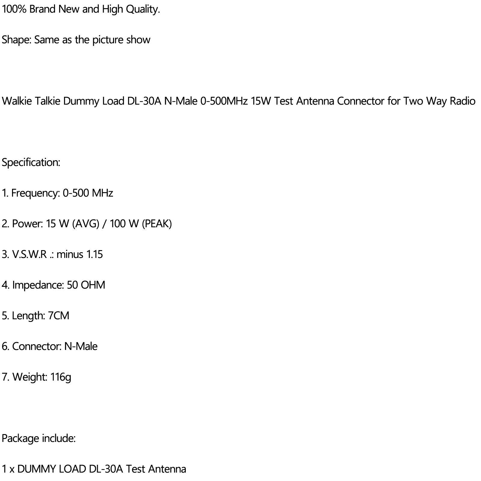 Dummy Load DL-30A PL259 N-Male 0-500MHz 15W Test Antenna for Two Way Radio A2