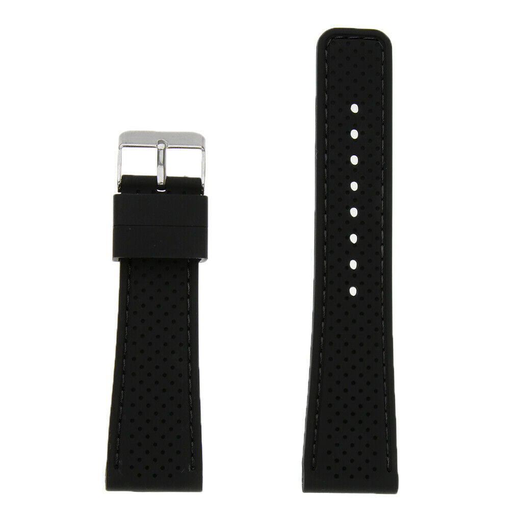 Soft 24mm Black Silicone Rubber Watchband with Stitch Line Black Stitch