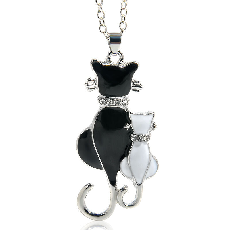 White & Black Mom & Child Cats Pendant Necklace Fashion Women Charm Gift