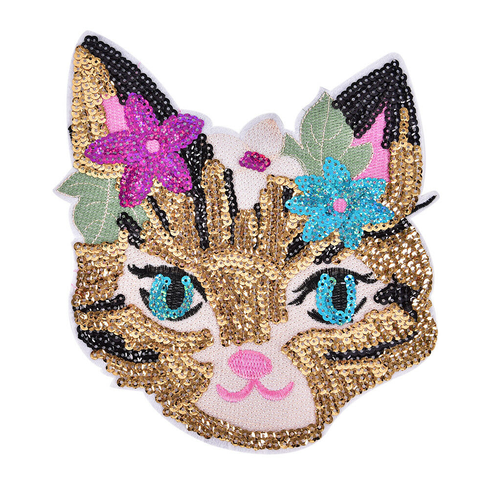 Cat Sequined Embroidered Sew On Patches for clothes DIY Coat Sweater Appli.l8