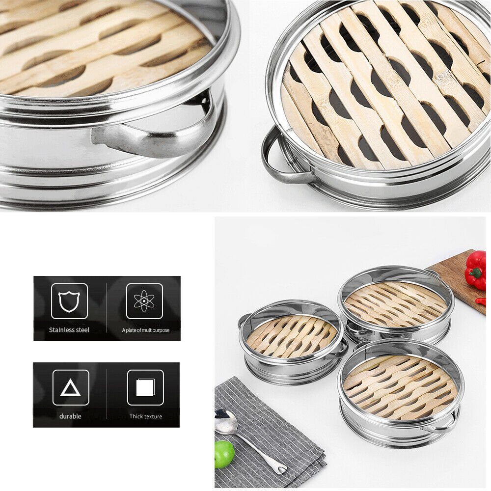 Stainless Steel Food Steamer Basket with Bamboo Bottom 4 Tier 6.3" with Lid