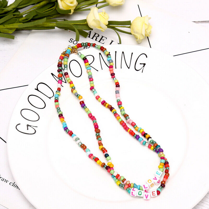 Boho Women Choker Letter Colorful Beads Chain Women Charm Necklace Jewelry GY Lt