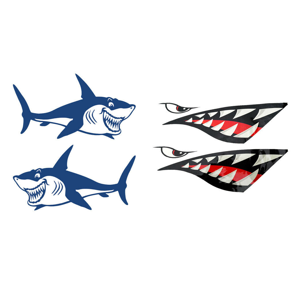 4 Pieces Shark + Shark Teeth Decals Stickers Kayak Fishing Boat Car Graphics