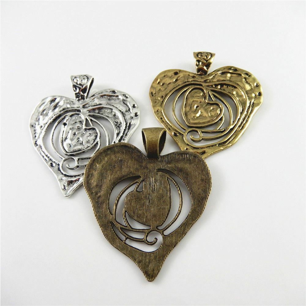 Lot of 3 Retro Metal Big Heart Pendant Charm Drop Dangle Alloy For Craft 70*64mm