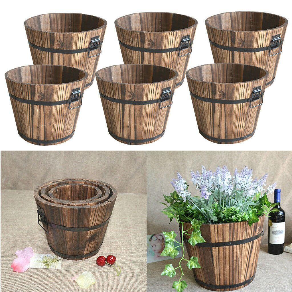 6Pcs Wood Bucket Barrel Succulent Flower Pot Planters Garden Outdoor Brown