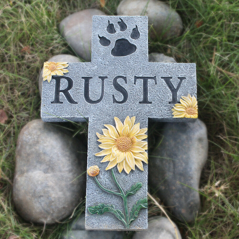 Pet Memorial Stone Cross Ornaments Dog Paw Print Gravestone Tombstone Outdoor