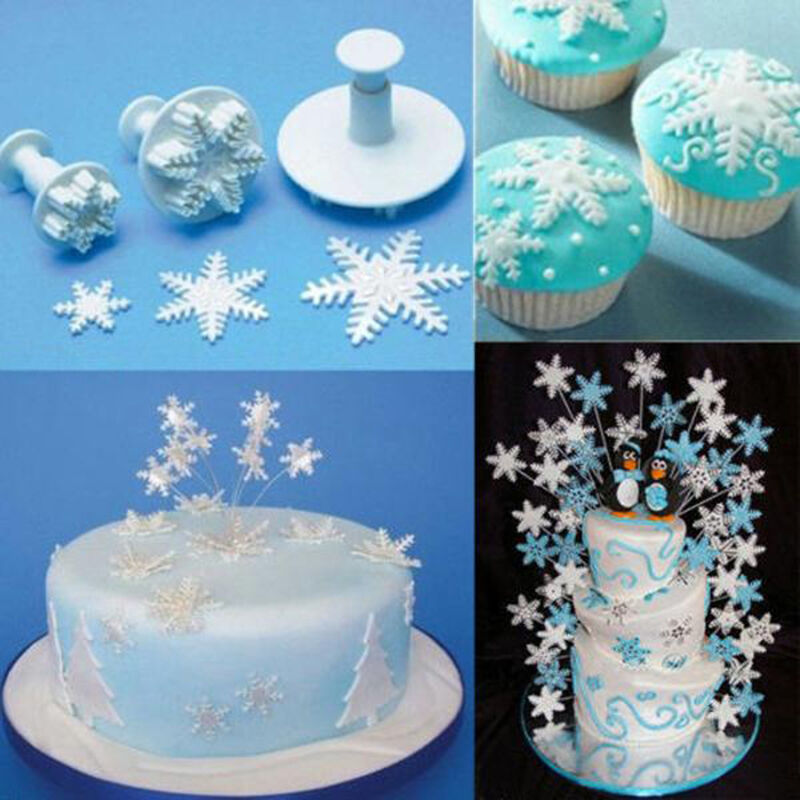3 Pcs Cake Xmas Snowflake shape Plunger Fondant Decor Sugarcraft Mold Cut.l8