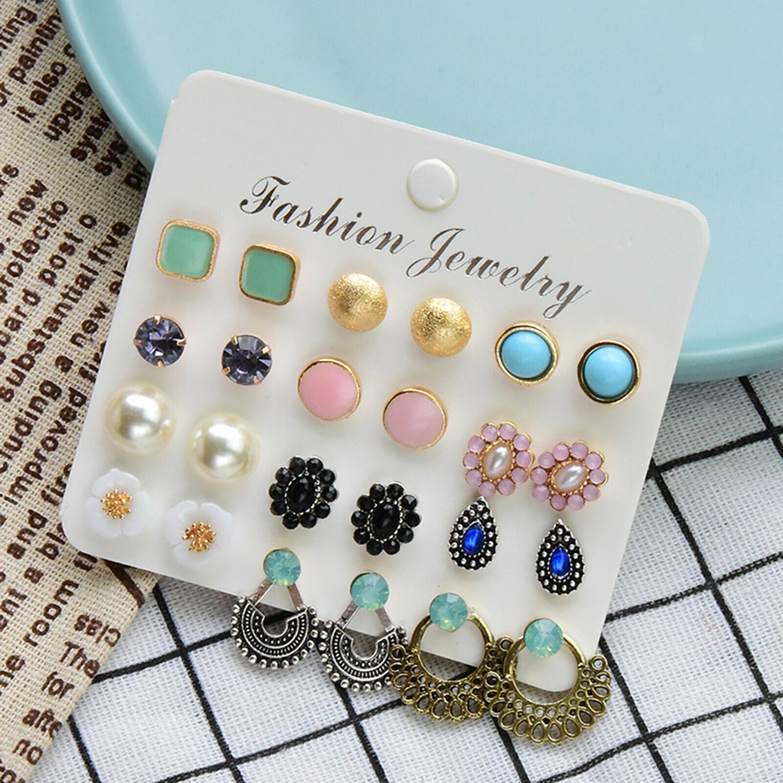 12 Pairs Crystal Earrings Glass Rhinestone Set for Women Weddings Jewel