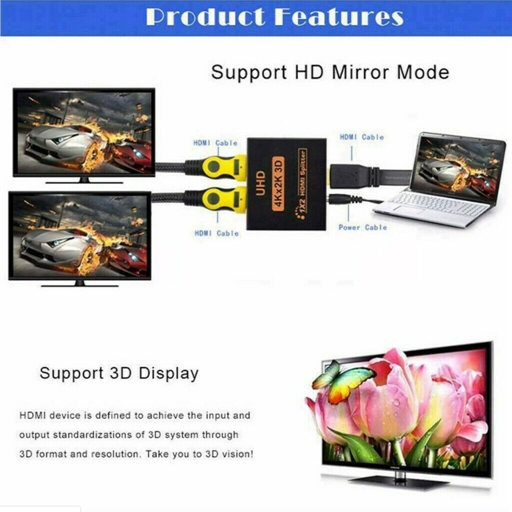 Ultra HD 1080P 1 IN 2 4K HDCP Stripper 1×2 HDMI Splitter Switcher For HDTV .