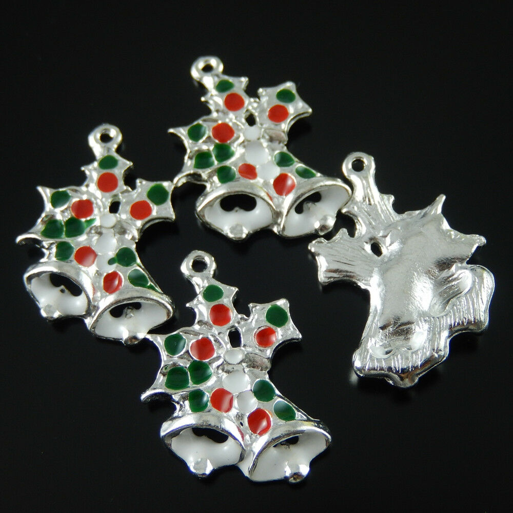 15 pcs Christmas Jingle Bell Charm Oil Drip DIY Pendant Jewelry Findings 27x17mm