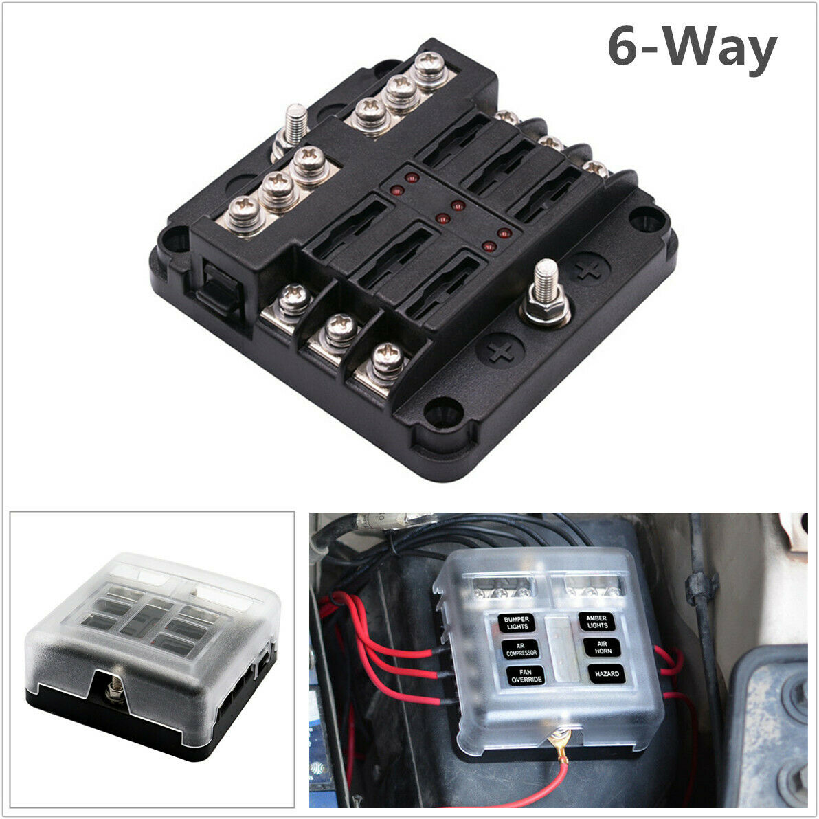 12V 32V Square 6-Way Blade Fuse Box Block Holder with LED Indicator Car RV Truck