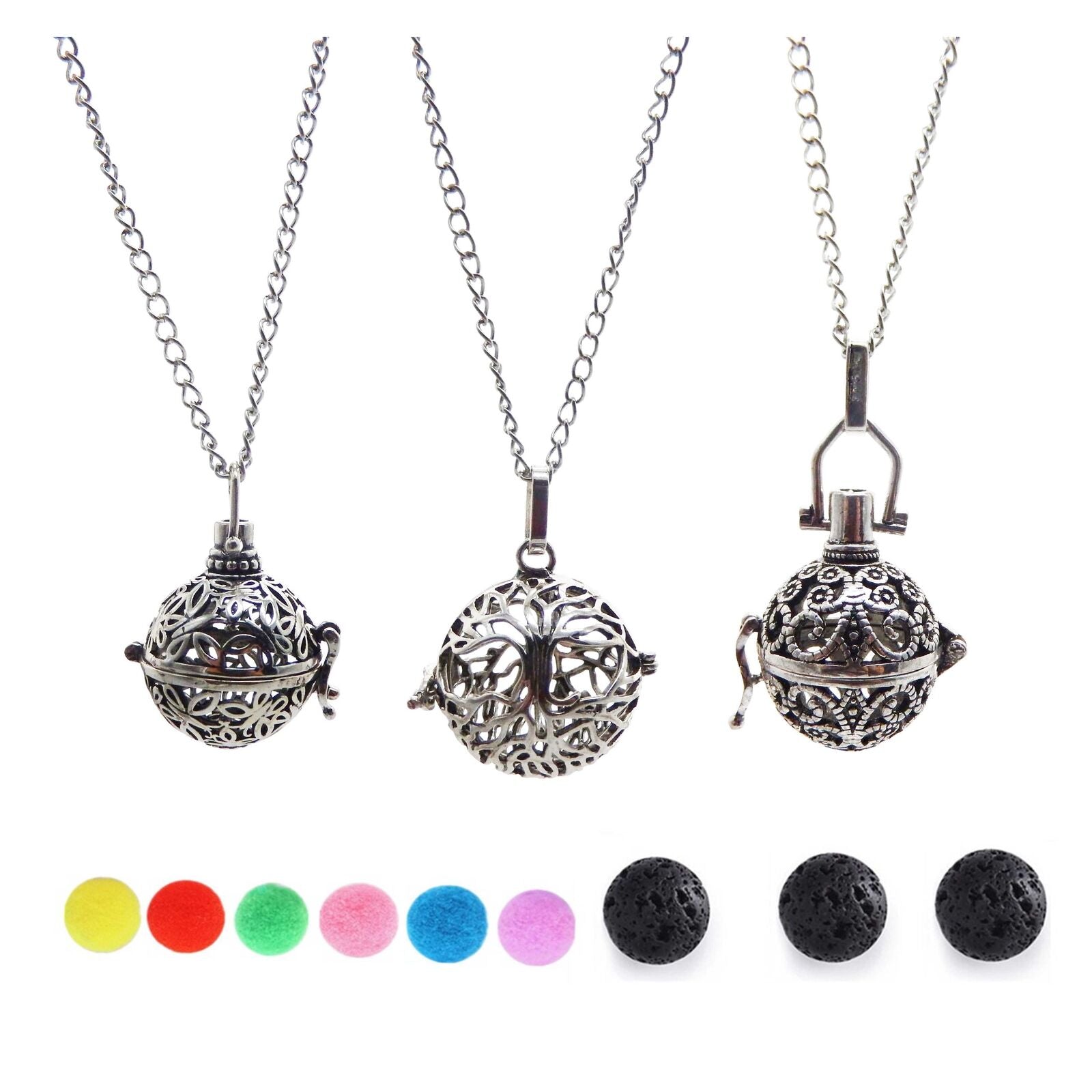 3pcs Retro Style Brass Hollow Perfume Diffuser Locket Bola Ball Harmony Necklace