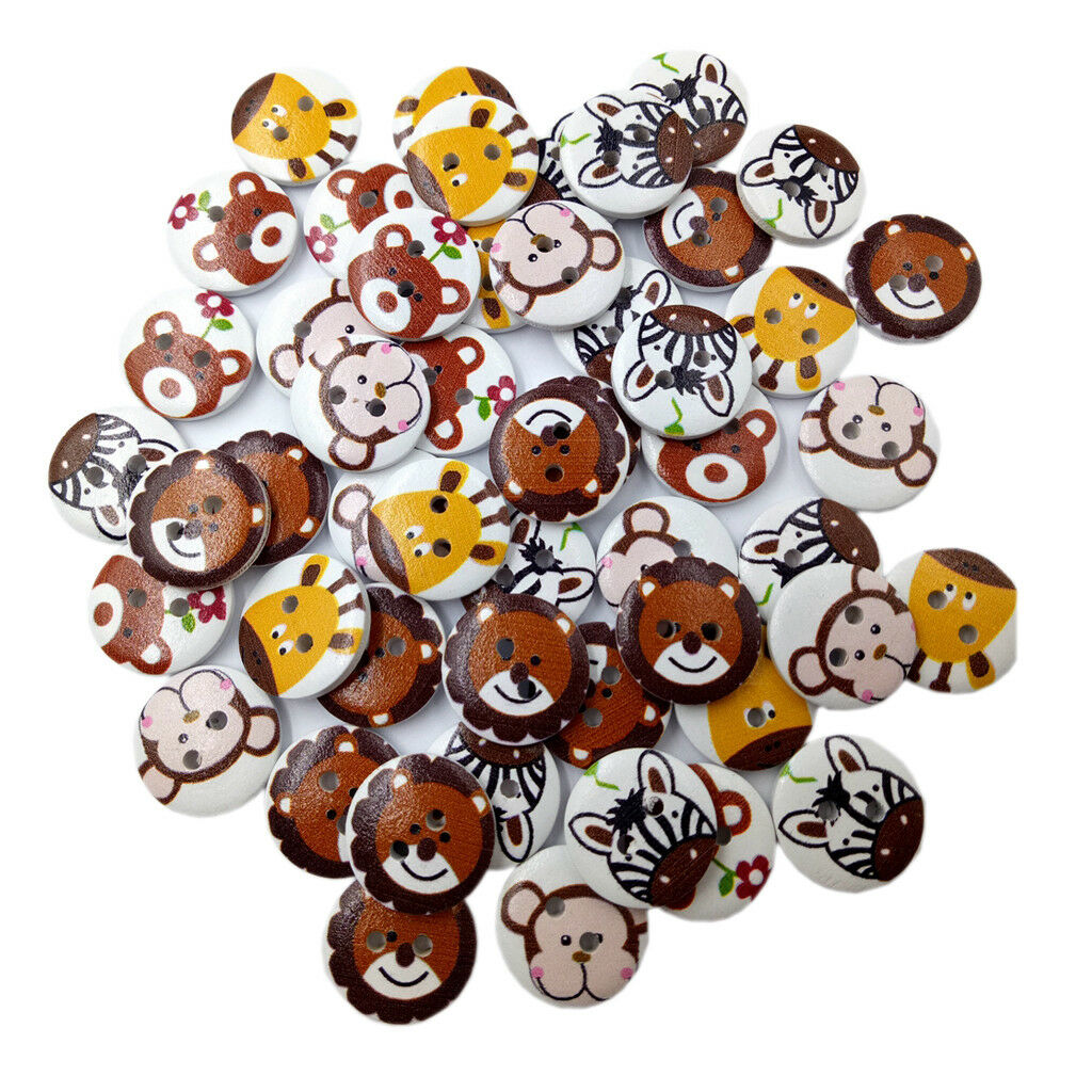 50Pcs Mixed Animal Wooden Buttons Round 2-Holes For Sewing Scrapbooking DIY