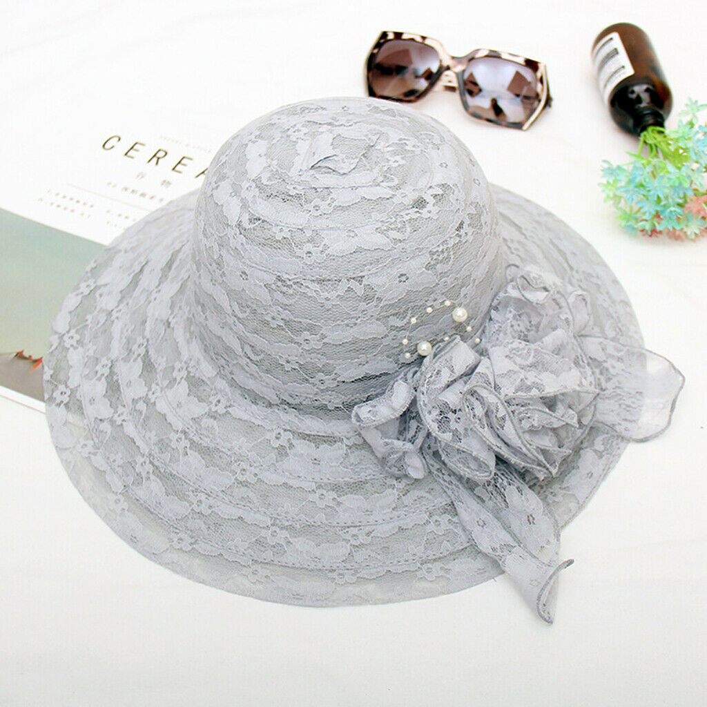Fashion Women Elegant Lace Flower Derby Sun Hat Party Wedding   gray