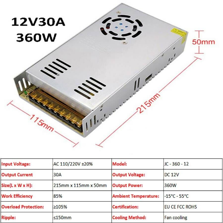 12V 30A 360W Regulated Switching Power Supply LED Monitor PSU DC Built-in Fan
