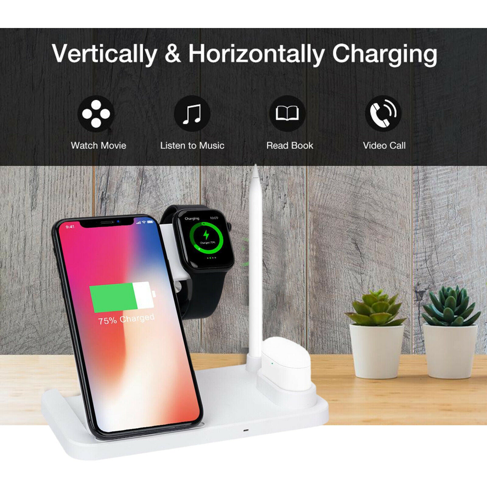 4 in 1 Qi Wireless Charging Station for Watch Phone Pencil UK Plug White