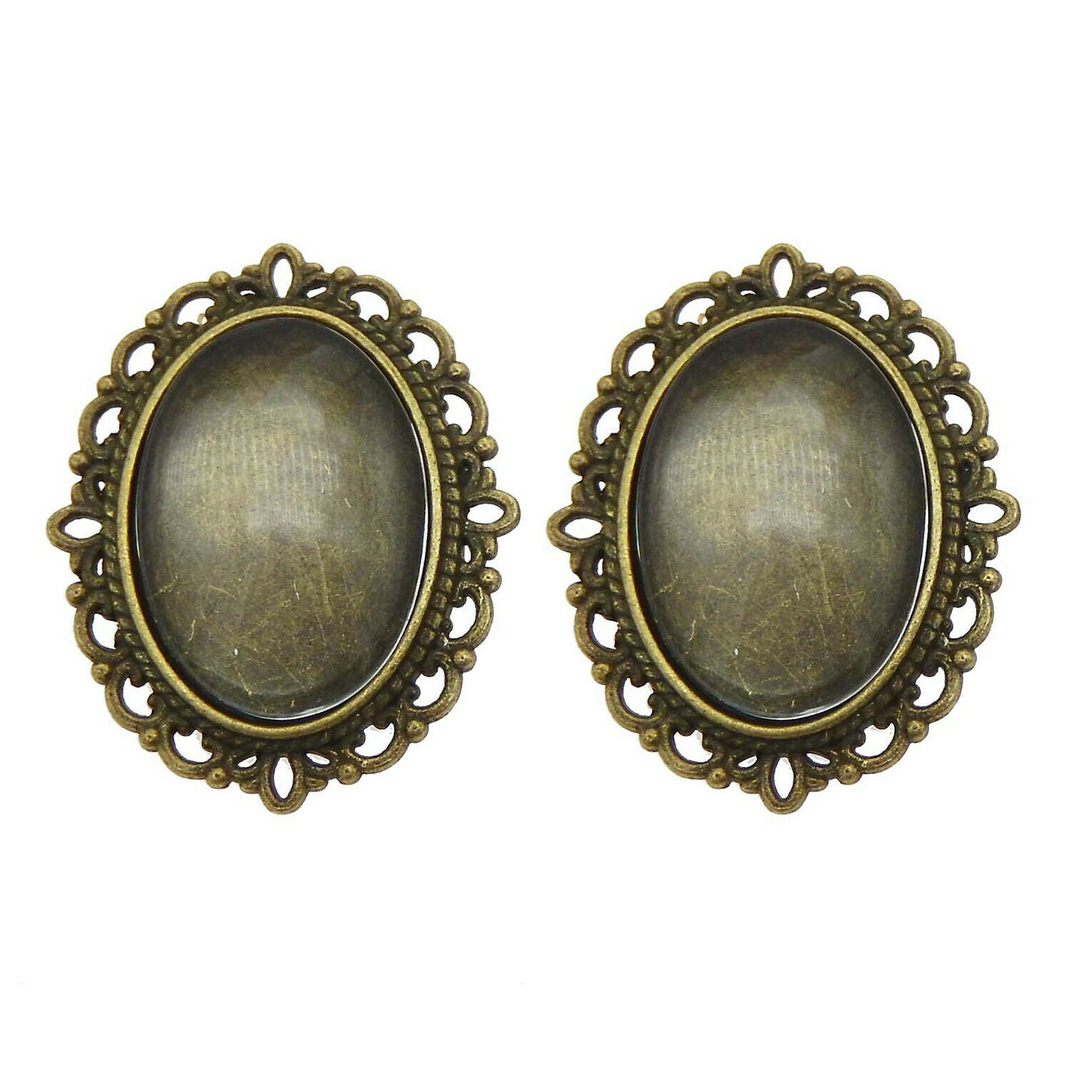 2Sets Alloy Bronze Oval Base w/ 25x18mm Glass Cameo Cabs Brooch DIY Accessories