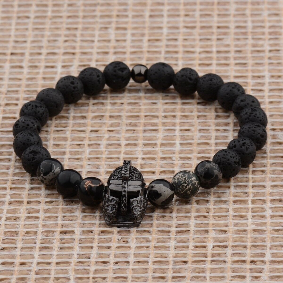 Fashion Men's Lava Stone Beaded Black Helmet Bracelets Spartan Knight Bangle